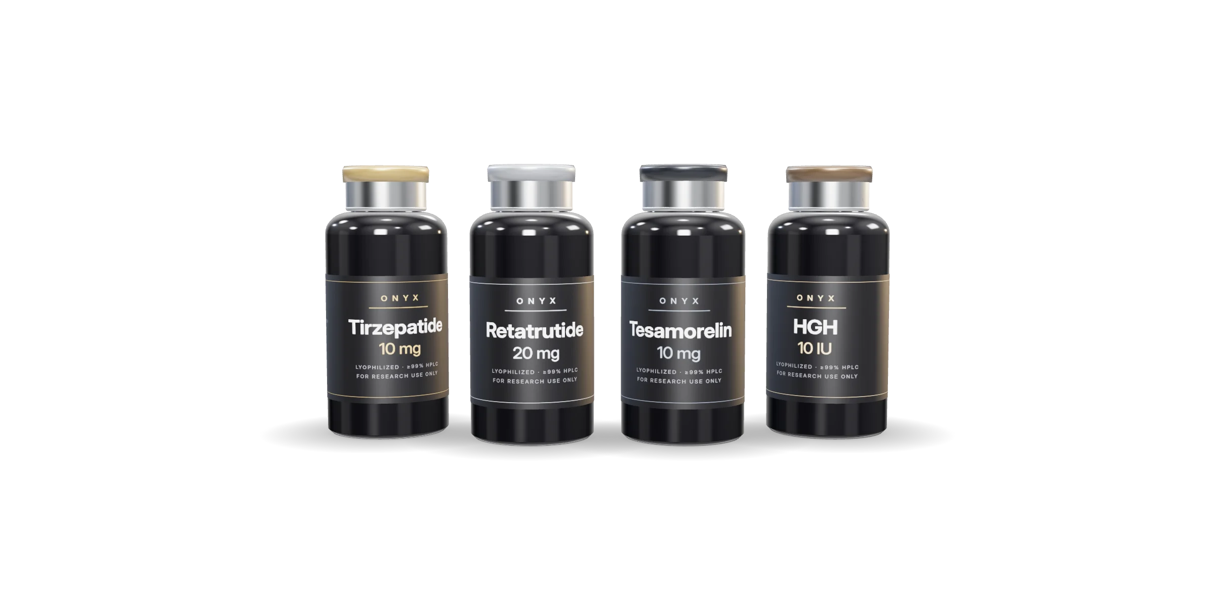The ONYX lineup: Tirzepatide, Retatrutide, Tesamorelin and HGH vials