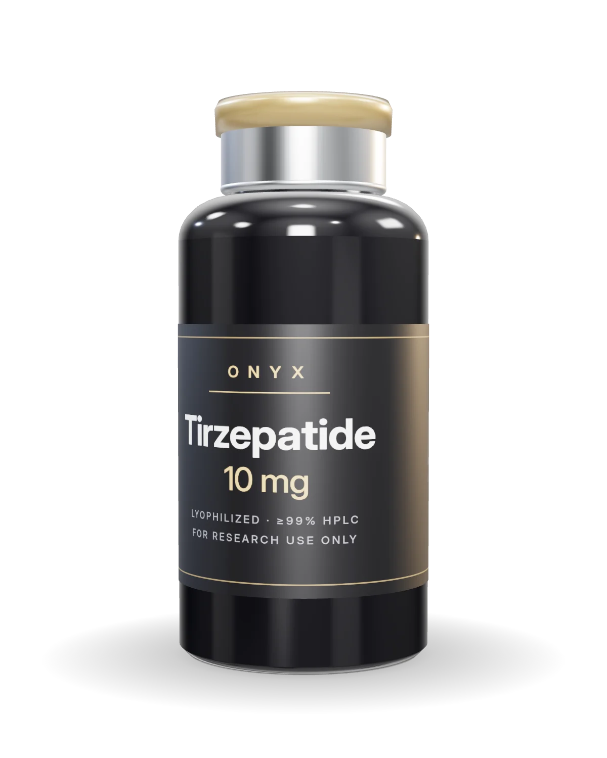 ONYX Tirzepatide 10 mg vial in black glass with a gold crimp cap