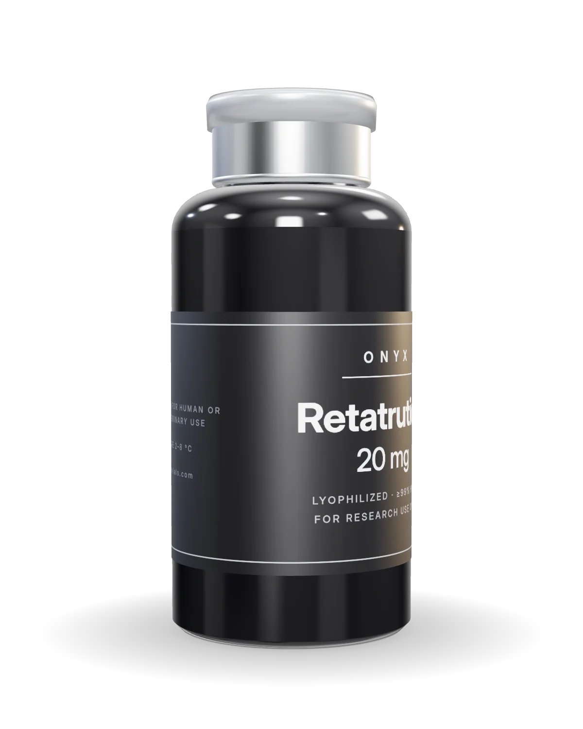 Retatrutide vial, angled view showing the side label