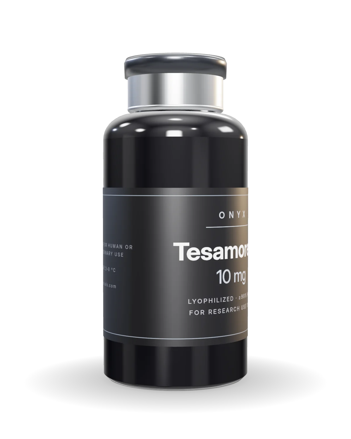 Tesamorelin vial, angled view showing the side label
