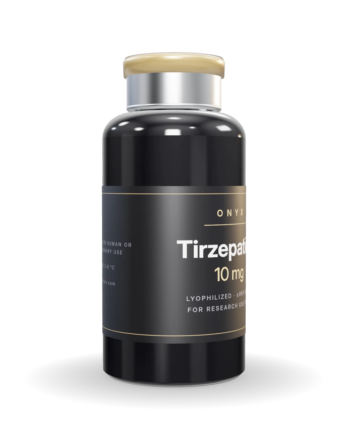 Tirzepatide vial, angled view showing the side label